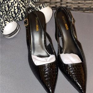 Fashion Nova Croc-Embossed Black Slingback Heels